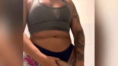 Tattood shemale tranny plays with ass during masturbation