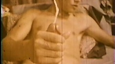 Vintage gay film with a hot blonde stud jerking his meat in the morning