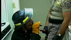 Dick-greedy fireman goes down on a hung policeman and gets a favor in return