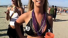 Wild party freaks make out and flash their tits out in public