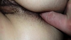 Hairy asian teen pussy finger teased in close up