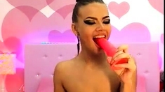 Pink dildo deepthroating by a hot chick DTD